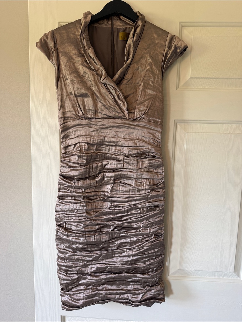 Nicole Miller Shimmery Taupe Ruched Midi Dress